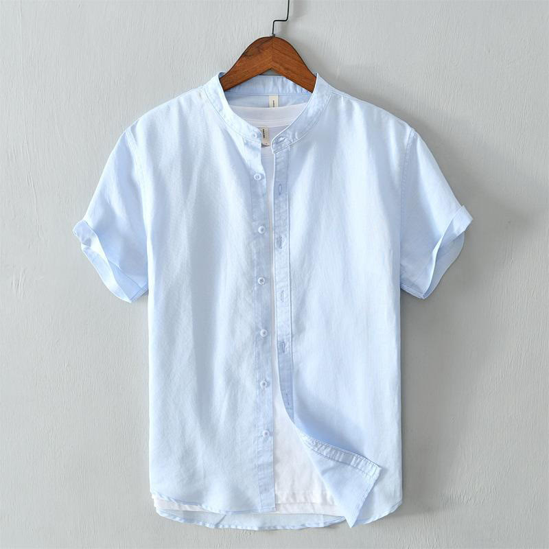 Koszula męska z krótkim rękawem i guzikami z bawełny i lnu w prostym stylu z motywem Buddha Stones - LightSkyBlue - US/UK/AU44， EU54 (4XL) - image 10