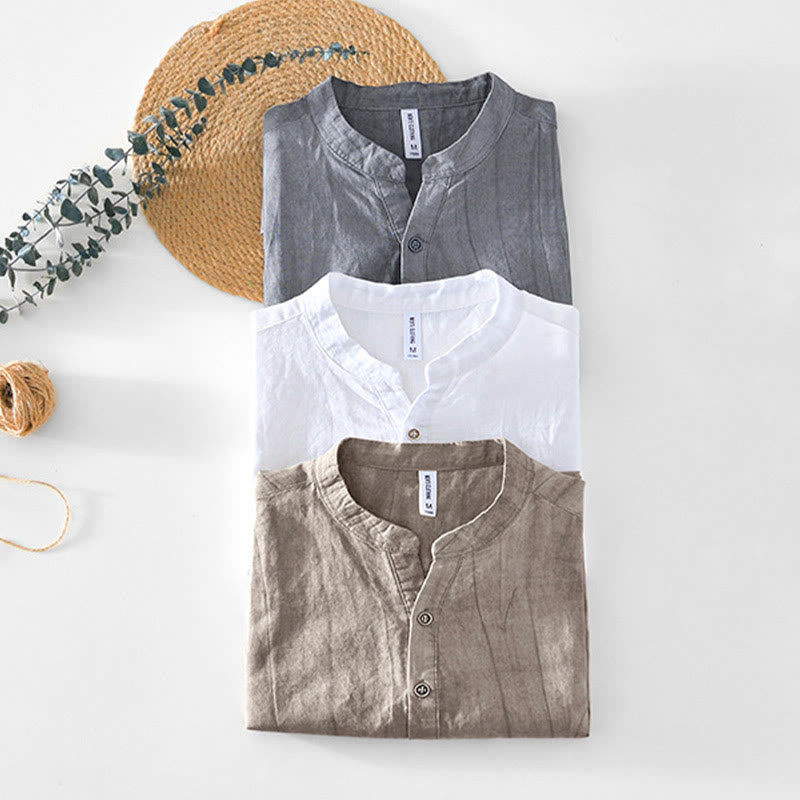 Koszula męska z krótkim rękawem i dekoltem w serek, z bawełny ramii Buddha Stones, zapinana na pół guziki - image 19