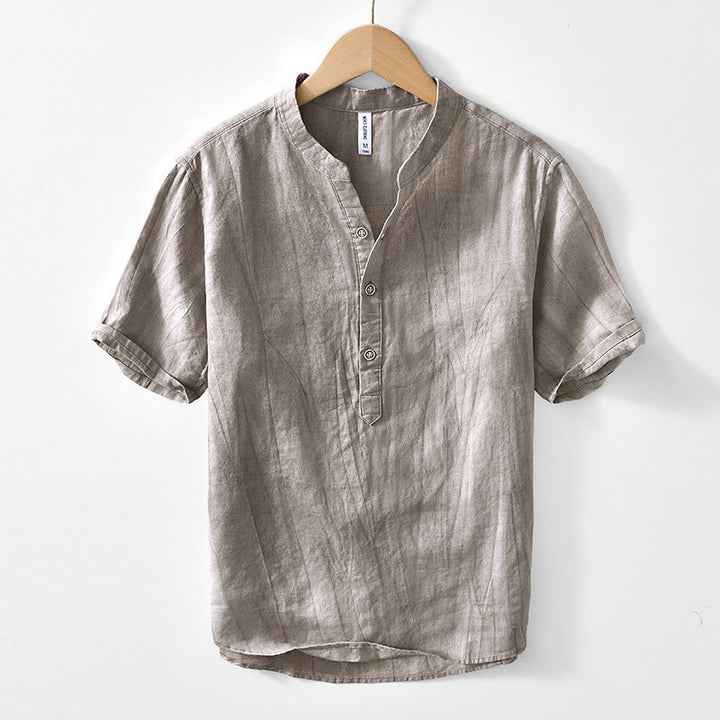Koszula męska z krótkim rękawem i dekoltem w serek, z bawełny ramii Buddha Stones, zapinana na pół guziki - Ciemny Khaki - US/UK/AU44， EU54 (4XL) - image 7