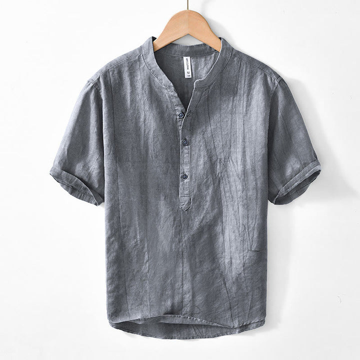 Koszula męska z krótkim rękawem i dekoltem w serek, z bawełny ramii Buddha Stones, zapinana na pół guziki - DimGray - US/UK/AU44， EU54 (4XL) - image 0