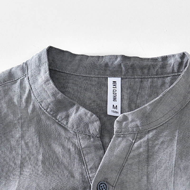 Koszula męska z krótkim rękawem i dekoltem w serek, z bawełny ramii Buddha Stones, zapinana na pół guziki - image 2