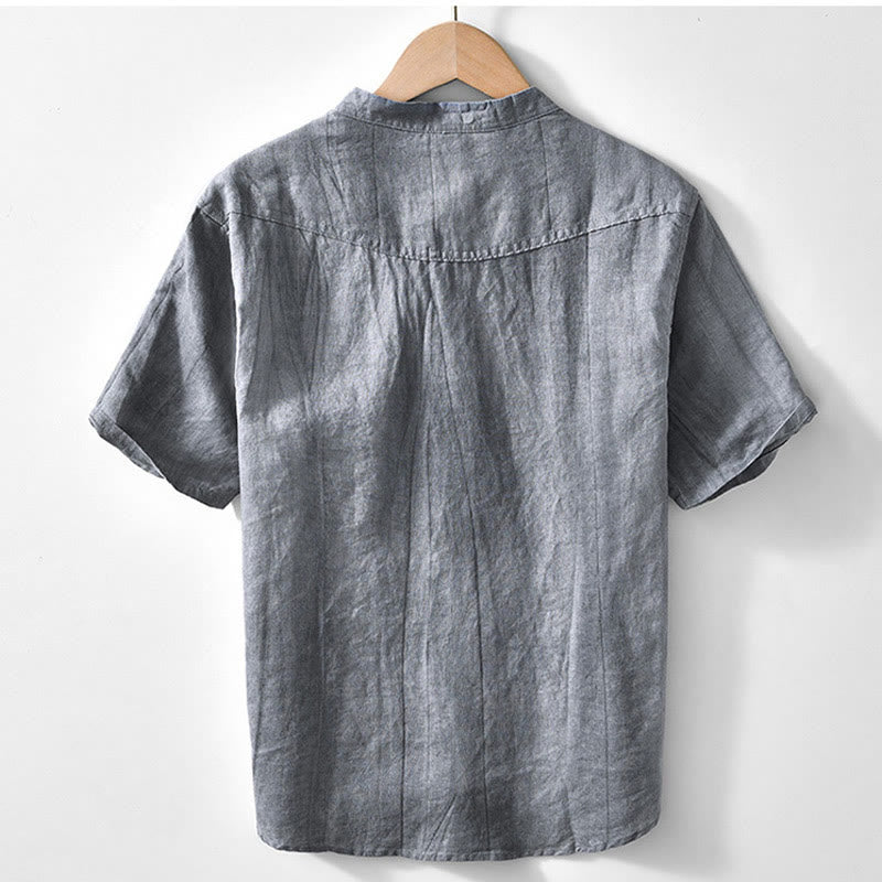 Koszula męska z krótkim rękawem i dekoltem w serek, z bawełny ramii Buddha Stones, zapinana na pół guziki - image 1