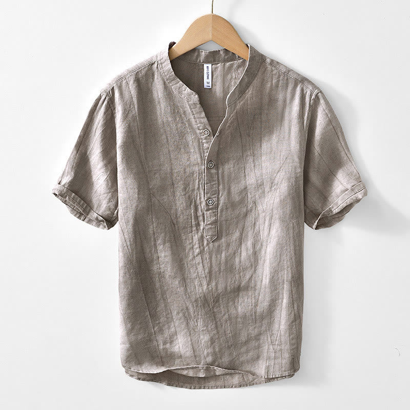 Koszula męska z krótkim rękawem i dekoltem w serek, z bawełny ramii Buddha Stones, zapinana na pół guziki - Ciemny Khaki - US/UK/AU44， EU54 (4XL) - image 7