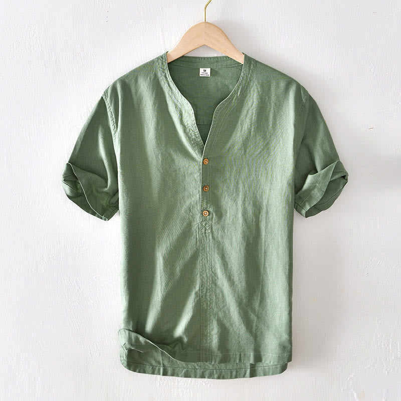 Koszula męska z krótkim rękawem, bawełną i lnem, z kołnierzykiem typu stójka i krótkim guzikiem, z Buddha Stones - SeaGreen - US/UK/AU42， EU52 (3XL) - image 0
