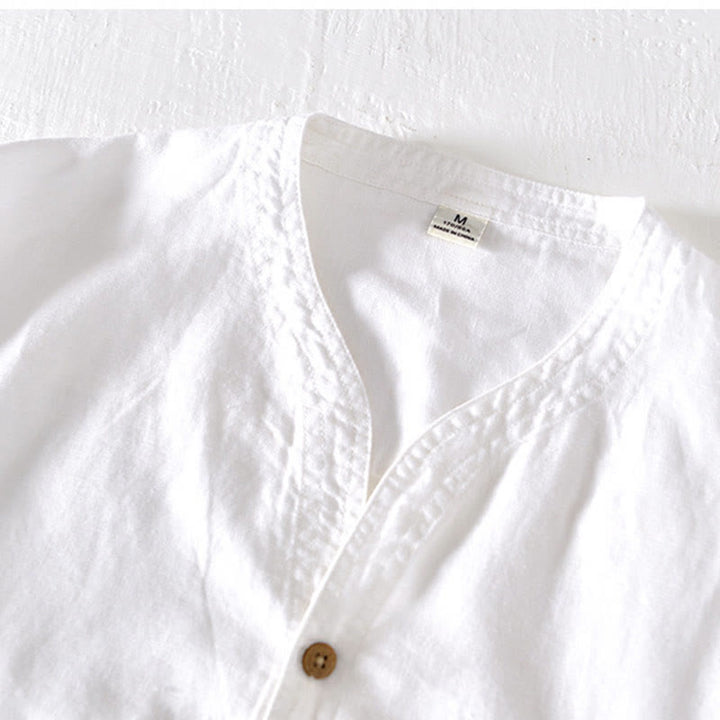 Koszula męska z krótkim rękawem i bawełną z lnu Buddha Stones Summer Stand Collar Half Button - image 8