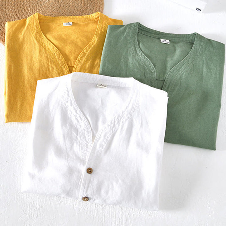 Koszula męska z krótkim rękawem i bawełną z lnu Buddha Stones Summer Stand Collar Half Button - image 19