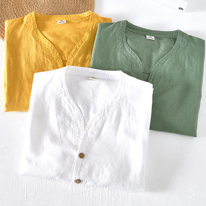 Koszula męska z krótkim rękawem i bawełną z lnu Buddha Stones Summer Stand Collar Half Button - image 19