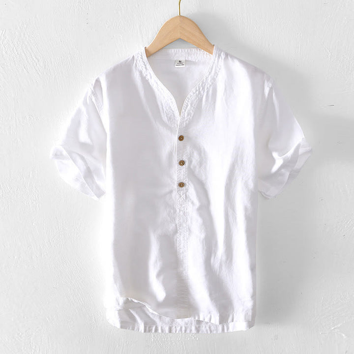 Koszula męska z krótkim rękawem i bawełną z lnu Buddha Stones Summer Stand Collar Half Button - Biały - US/UK/AU42， EU52 (3XL) - image 6