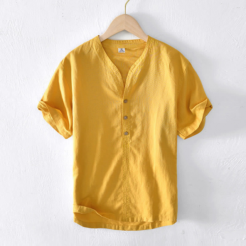 Koszula męska z krótkim rękawem i bawełną z lnu Buddha Stones Summer Stand Collar Half Button - Złoto - US/UK/AU42， EU52 (3XL) - image 13