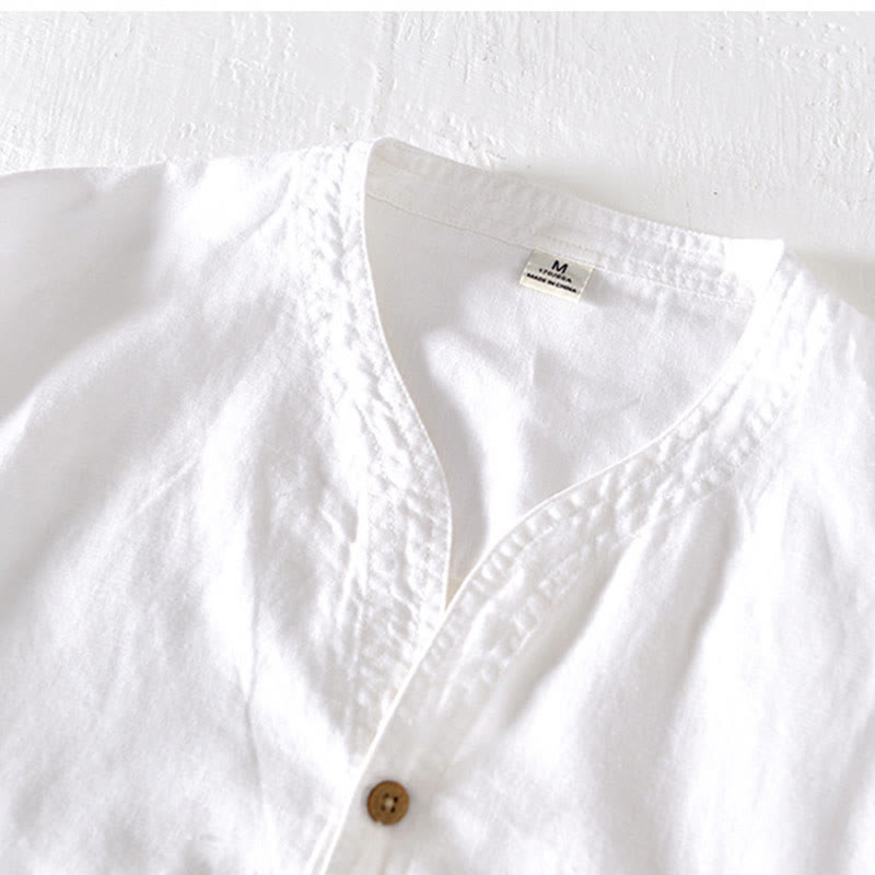 Koszula męska z krótkim rękawem i bawełną z lnu Buddha Stones Summer Stand Collar Half Button - image 8