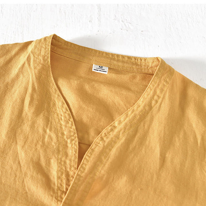 Koszula męska z krótkim rękawem i bawełną z lnu Buddha Stones Summer Stand Collar Half Button - image 14