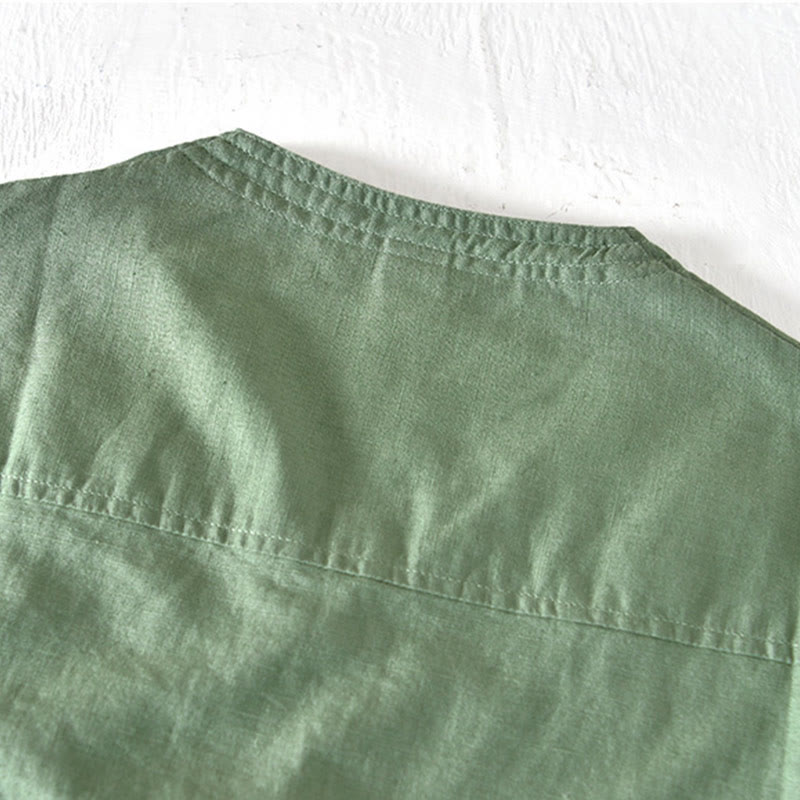 Koszula męska z krótkim rękawem i bawełną z lnu Buddha Stones Summer Stand Collar Half Button - image 2