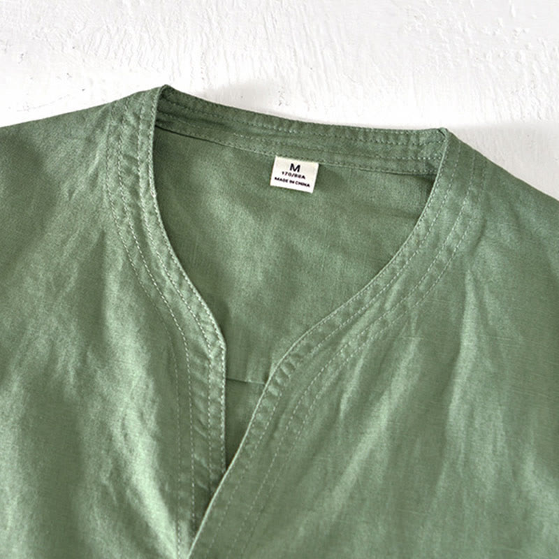 Koszula męska z krótkim rękawem i bawełną z lnu Buddha Stones Summer Stand Collar Half Button - image 1