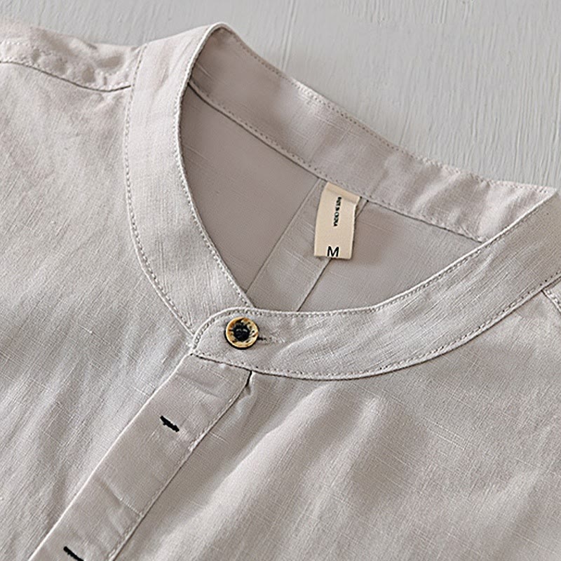 Koszula męska z krótkim rękawem, bawełną i lnem, zapinana na pół guzika, z Buddha Stones , w prostym wzornictwie - image 1