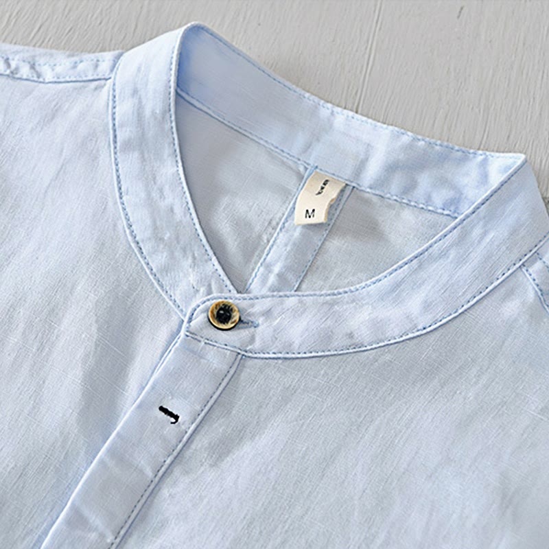 Koszula męska z krótkim rękawem, bawełną i lnem, zapinana na pół guzika, z Buddha Stones , w prostym wzornictwie - image 11