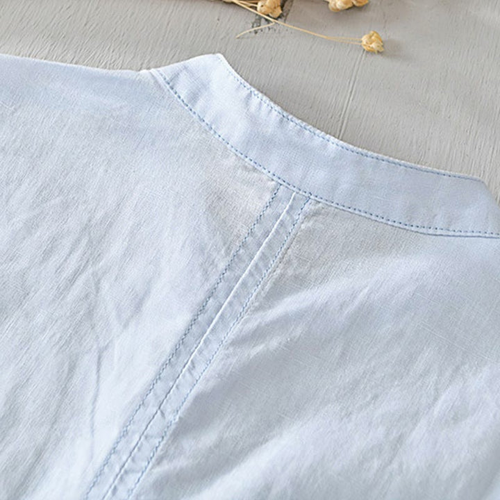 Koszula męska z krótkim rękawem, bawełną i lnem, zapinana na pół guzika, z Buddha Stones , w prostym wzornictwie - image 12