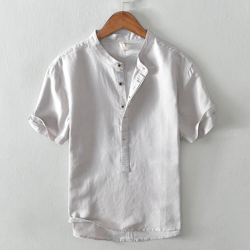 Koszula męska z krótkim rękawem, bawełną i lnem, zapinana na pół guzika, z Buddha Stones , w prostym wzornictwie - Gainsboro - US/UK/AU42，EU52 (4XL) - image 0