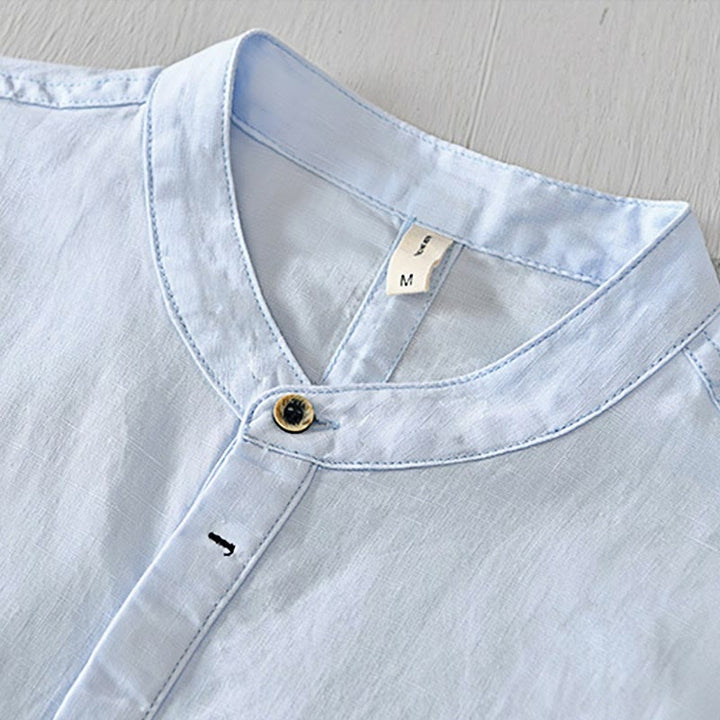 Koszula męska z krótkim rękawem, bawełną i lnem, zapinana na pół guzika, z Buddha Stones , w prostym wzornictwie - image 11