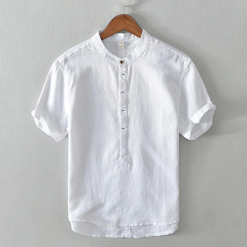 Koszula męska z krótkim rękawem, bawełną i lnem, zapinana na pół guzika, z Buddha Stones , w prostym wzornictwie - Biały - US/UK/AU42，EU52 (4XL) - image 4