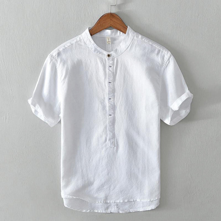 Koszula męska z krótkim rękawem, bawełną i lnem, zapinana na pół guzika, z Buddha Stones , w prostym wzornictwie - Biały - US/UK/AU42，EU52 (4XL) - image 4