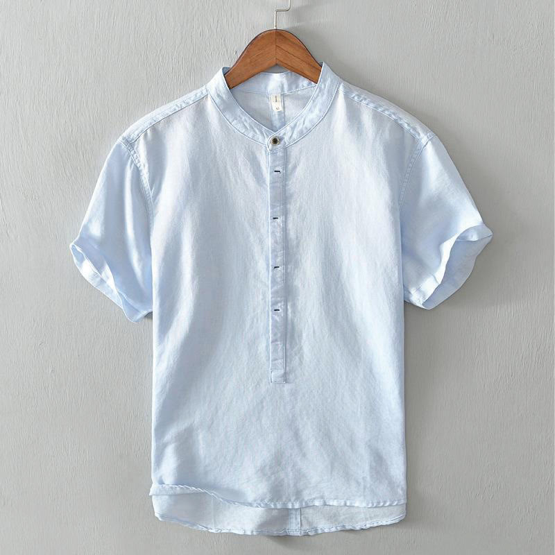 Koszula męska z krótkim rękawem, bawełną i lnem, zapinana na pół guzika, z Buddha Stones , w prostym wzornictwie - LightSkyBlue - US/UK/AU42，EU52 (4XL) - image 9
