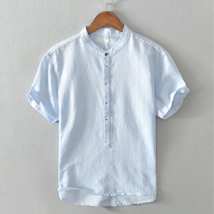 Koszula męska z krótkim rękawem, bawełną i lnem, zapinana na pół guzika, z Buddha Stones , w prostym wzornictwie - LightSkyBlue - US/UK/AU42，EU52 (4XL) - image 9