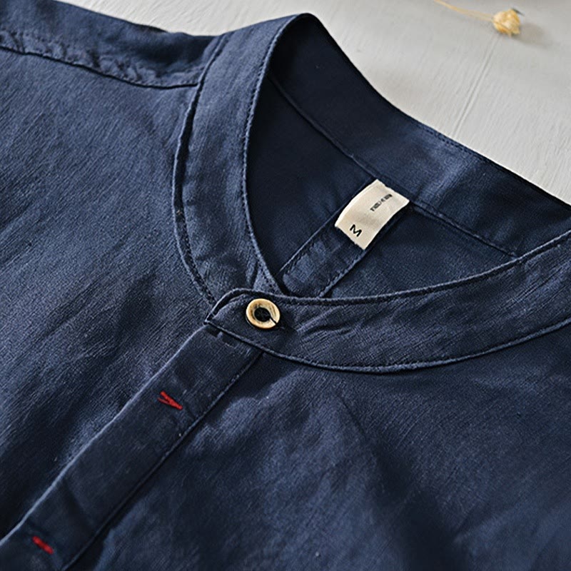 Koszula męska z krótkim rękawem, bawełną i lnem, zapinana na pół guzika, z Buddha Stones , w prostym wzornictwie - image 16