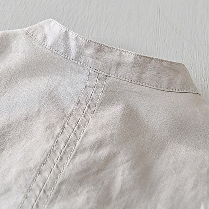 Koszula męska z krótkim rękawem, bawełną i lnem, zapinana na pół guzika, z Buddha Stones , w prostym wzornictwie - image 2