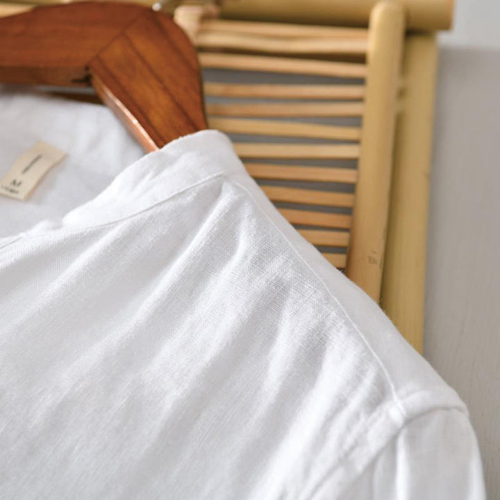 Koszula męska Buddha Stones Daily Solid Color Stand Collar Half Sleeve Linen Half Button - image 7