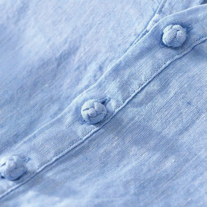 Koszula męska Buddha Stones Daily Solid Color Stand Collar Half Sleeve Linen Half Button - image 15