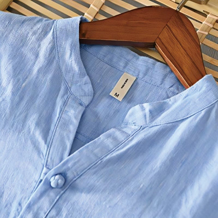 Koszula męska Buddha Stones Daily Solid Color Stand Collar Half Sleeve Linen Half Button - image 13