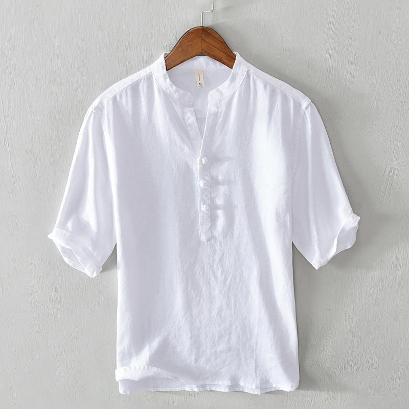 Koszula męska Buddha Stones Daily Solid Color Stand Collar Half Sleeve Linen Half Button - Biały - US/UK/AU42， EU52 (3XL) - image 5