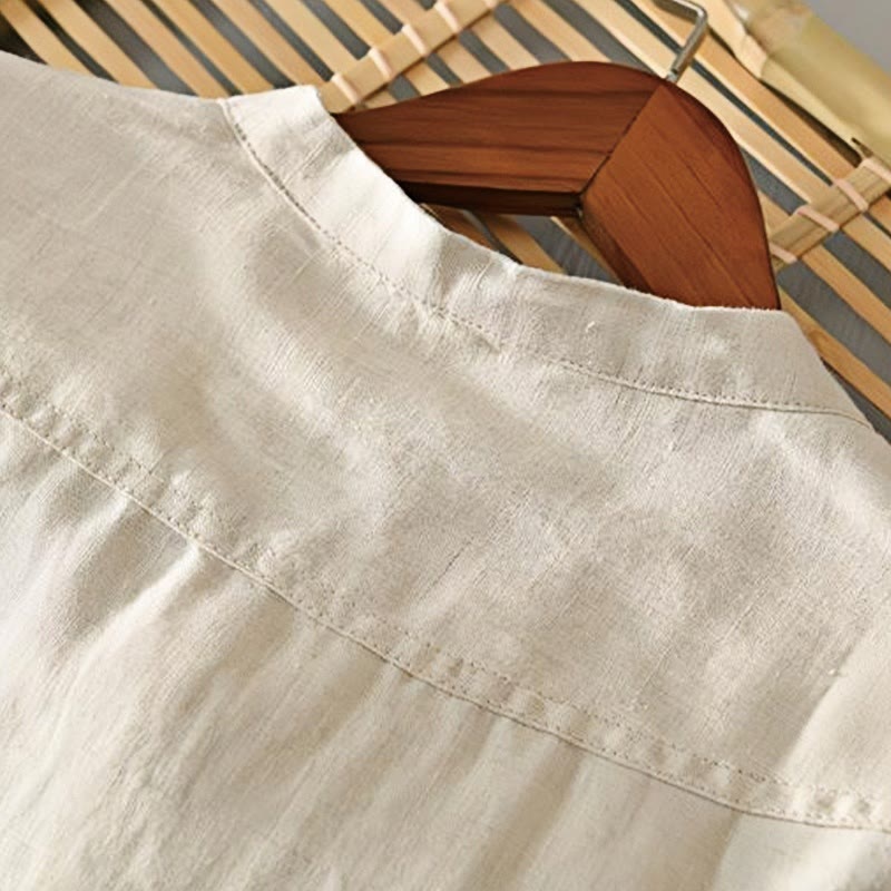 Koszula męska Buddha Stones Daily Solid Color Stand Collar Half Sleeve Linen Half Button - image 2