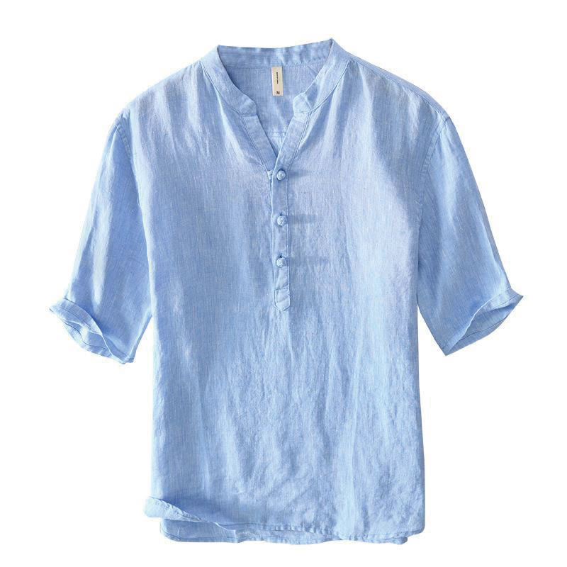 Koszula męska Buddha Stones Daily Solid Color Stand Collar Half Sleeve Linen Half Button - image 12