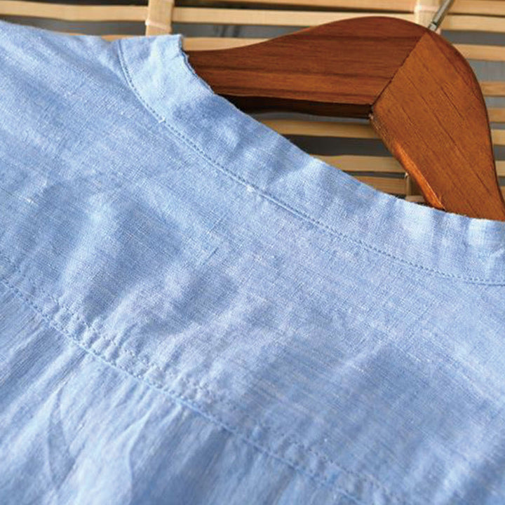 Koszula męska Buddha Stones Daily Solid Color Stand Collar Half Sleeve Linen Half Button - image 14