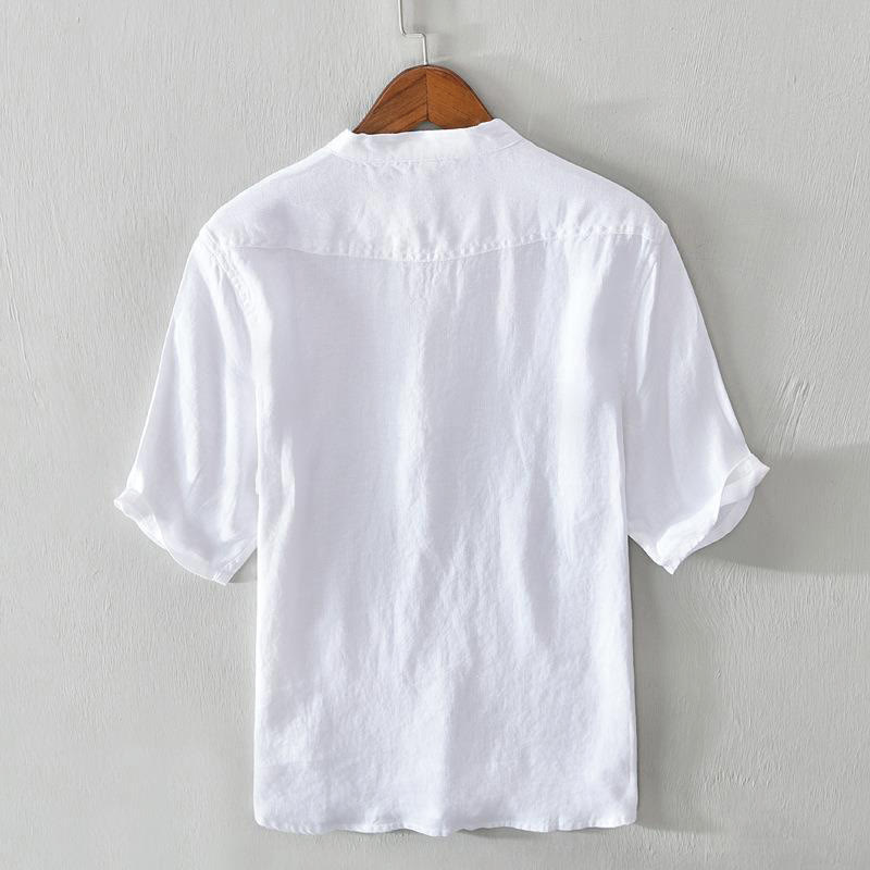 Koszula męska Buddha Stones Daily Solid Color Stand Collar Half Sleeve Linen Half Button - image 6