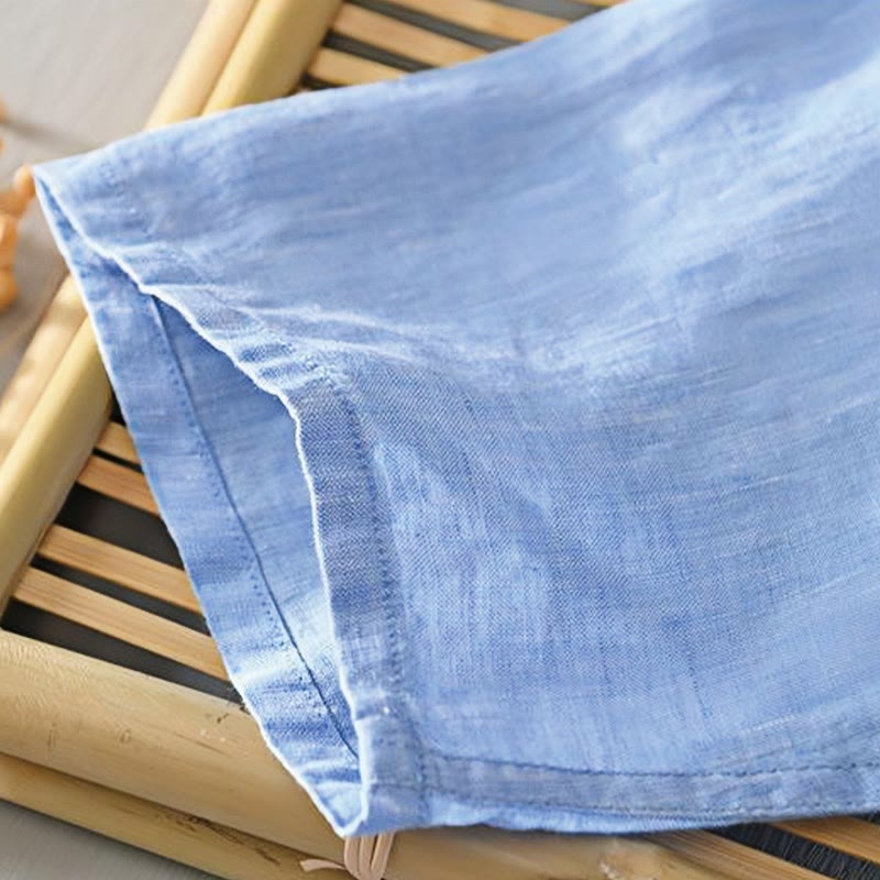 Koszula męska Buddha Stones Daily Solid Color Stand Collar Half Sleeve Linen Half Button - image 17