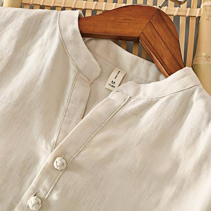 Koszula męska Buddha Stones Daily Solid Color Stand Collar Half Sleeve Linen Half Button - image 2