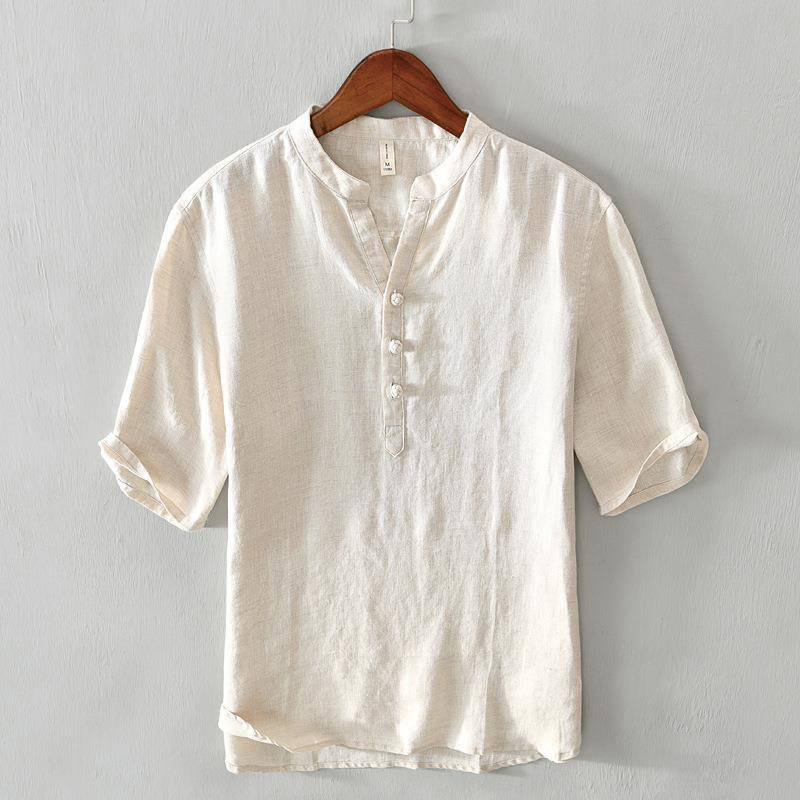 Koszula męska Buddha Stones Daily Solid Color Stand Collar Half Sleeve Linen Half Button - Jasnożółty - US/UK/AU42， EU52 (3XL) - image 0