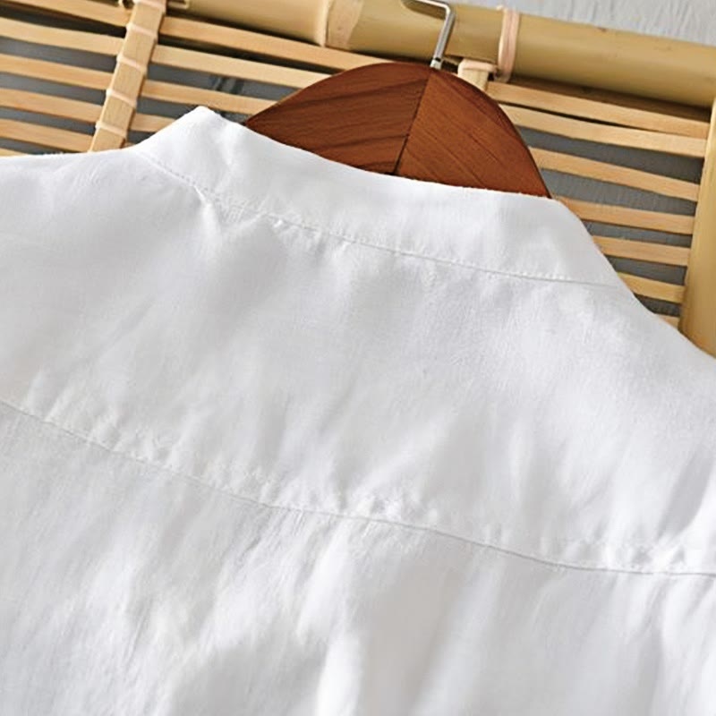 Koszula męska Buddha Stones Daily Solid Color Stand Collar Half Sleeve Linen Half Button - image 8