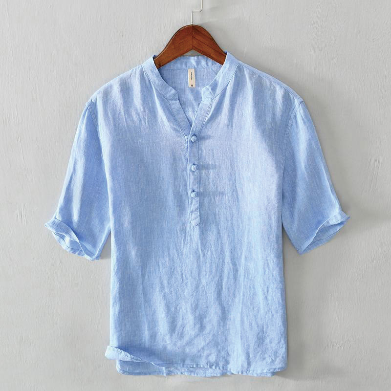 Koszula męska Buddha Stones Daily Solid Color Stand Collar Half Sleeve Linen Half Button - Chaber niebieski - US/UK/AU42， EU52 (3XL) - image 12