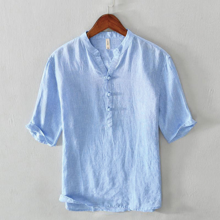 Koszula męska Buddha Stones Daily Solid Color Stand Collar Half Sleeve Linen Half Button - Chaber niebieski - US/UK/AU42， EU52 (3XL) - image 12