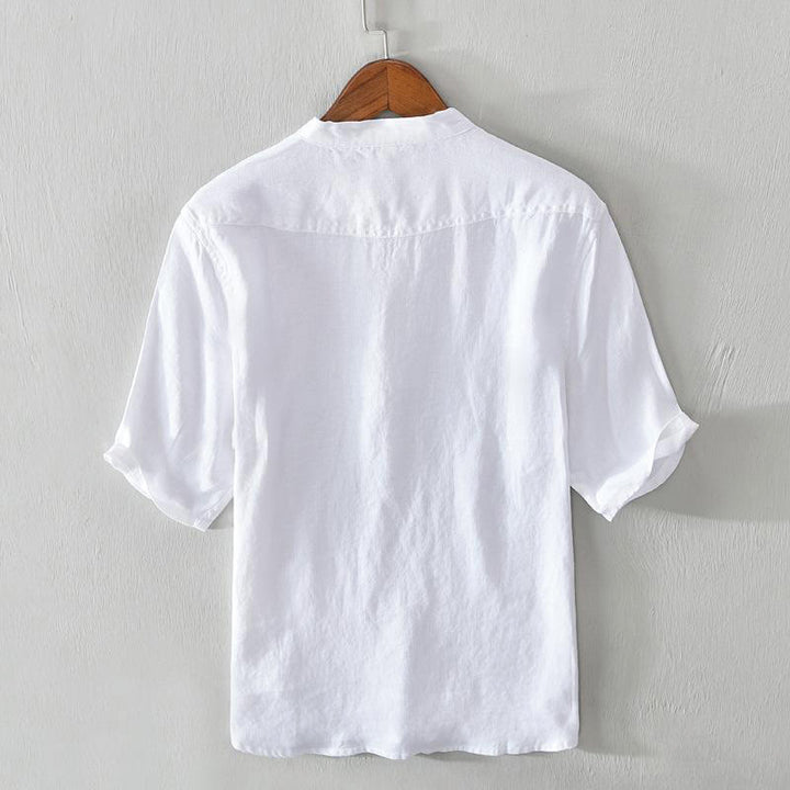 Koszula męska Buddha Stones Daily Solid Color Stand Collar Half Sleeve Linen Half Button - image 6