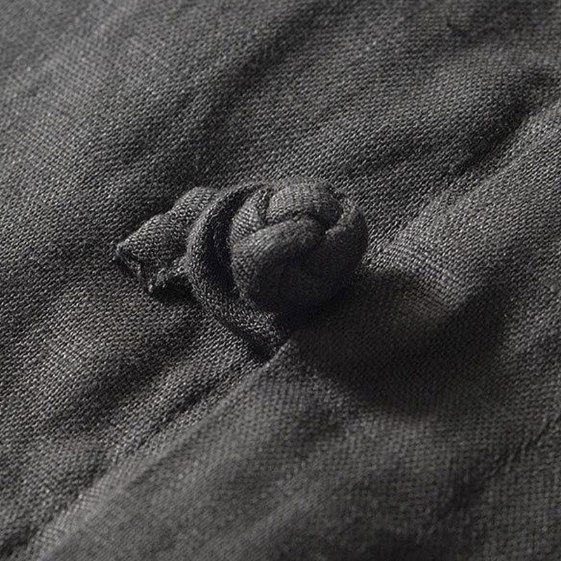 Koszula męska z krótkim rękawem i stójką Buddha Stones Daily Frog-Button z lnu - image 3