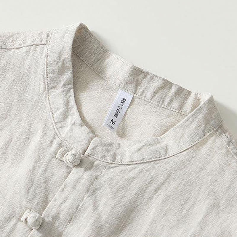 Koszula męska z krótkim rękawem i stójką Buddha Stones Daily Frog-Button z lnu - image 14