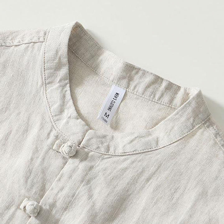 Koszula męska z krótkim rękawem i stójką Buddha Stones Daily Frog-Button z lnu - image 14