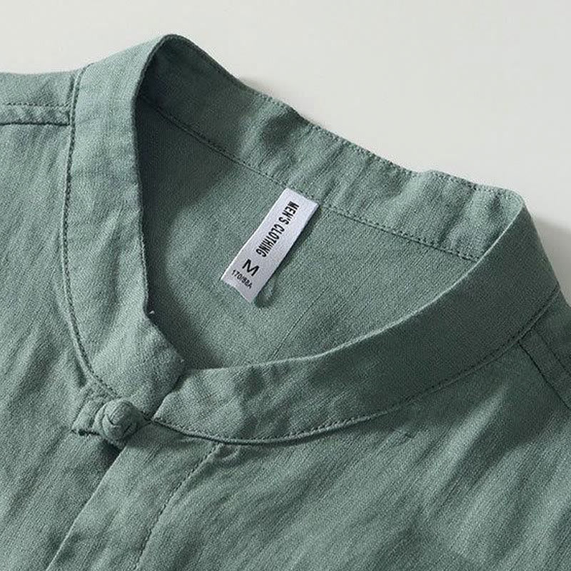 Koszula męska z krótkim rękawem i stójką Buddha Stones Daily Frog-Button z lnu - image 19