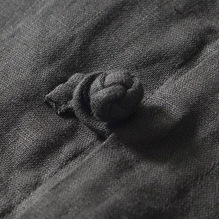 Koszula męska z krótkim rękawem i stójką Buddha Stones Daily Frog-Button z lnu - image 4