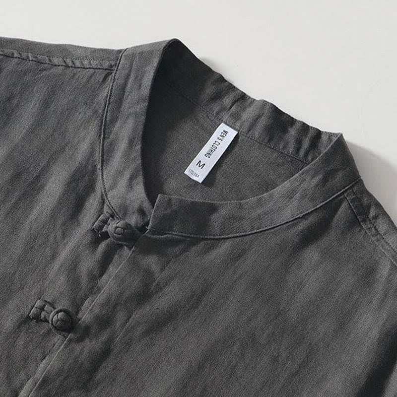 Koszula męska z krótkim rękawem i stójką Buddha Stones Daily Frog-Button z lnu - image 2