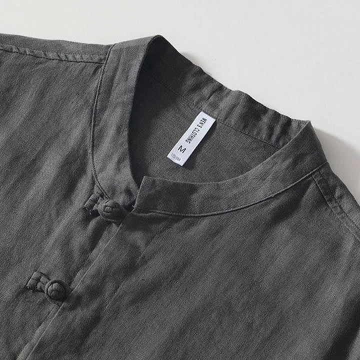 Koszula męska z krótkim rękawem i stójką Buddha Stones Daily Frog-Button z lnu - image 2